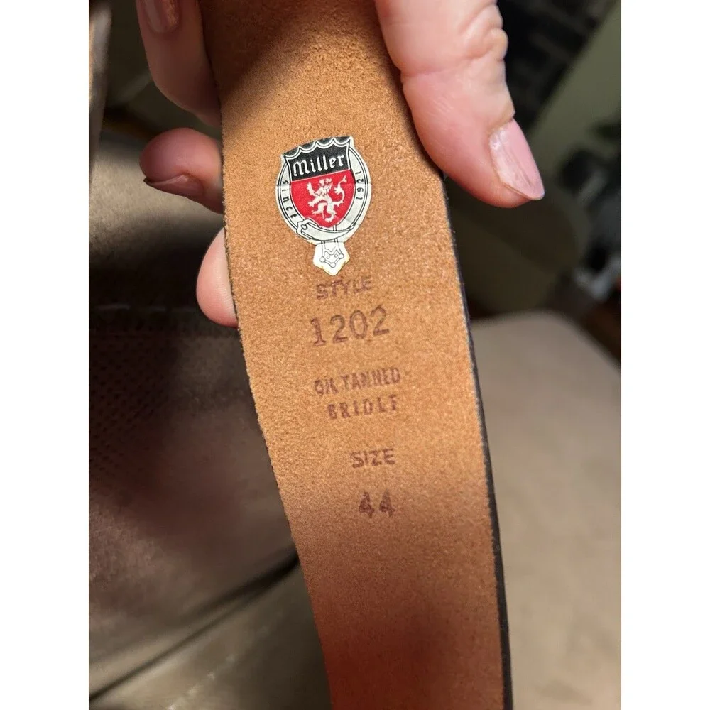 Vintage Miller Brown Leather Belt Size 44 Oil Tan Bridle Brass Buckle 1970s
